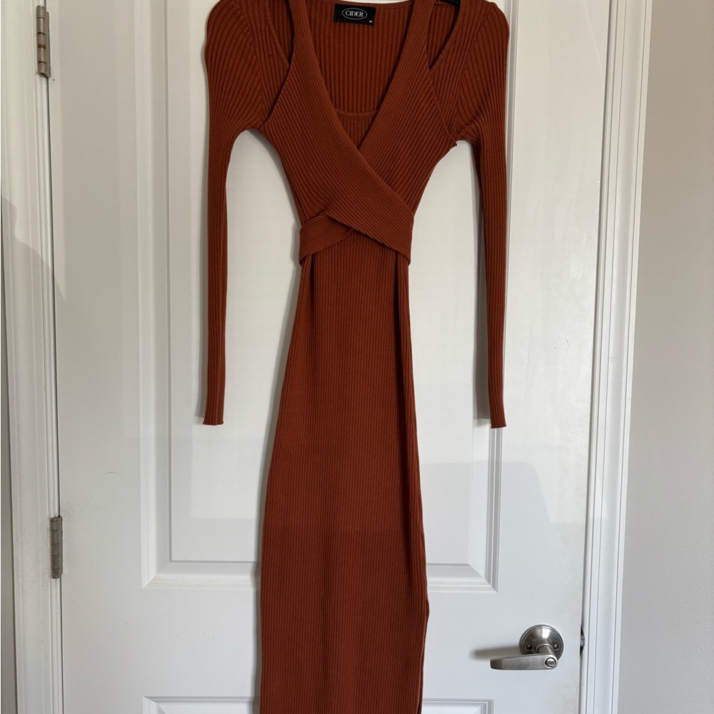 Cider Burnt Orange Ribbed Wrap Dress with Tie
